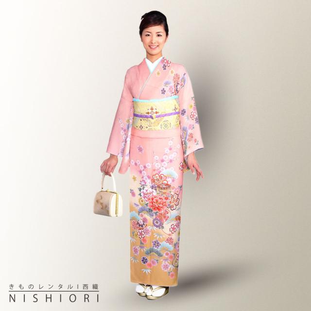 訪問着 レンタル 着物 貸衣装 フルセット ピンク 牡丹 松竹梅No.0144