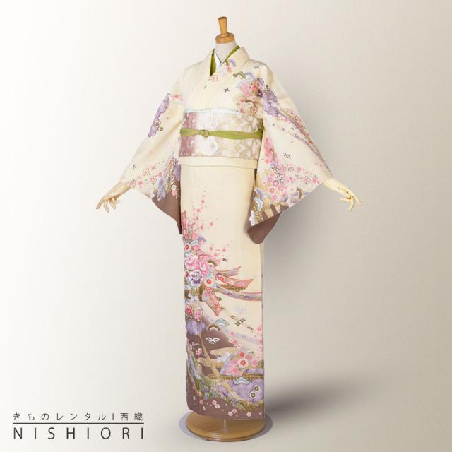 訪問着 レンタル 着物 貸衣装 フルセット クリーム 薄黄 熨斗紙 松 牡丹No.0149