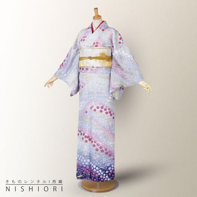 訪問着 レンタル 着物 貸衣装 フルセット グレー 灰青 梅 桜 小花ちらしNo.0157