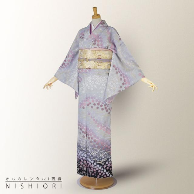 訪問着 レンタル 着物 貸衣装 フルセット グレー 灰青 梅 桜 小花ちらしNo.0157 訪問着 レンタル 着物 貸衣装 フルセット 薄水 青灰 梅 桜 小花ちらし