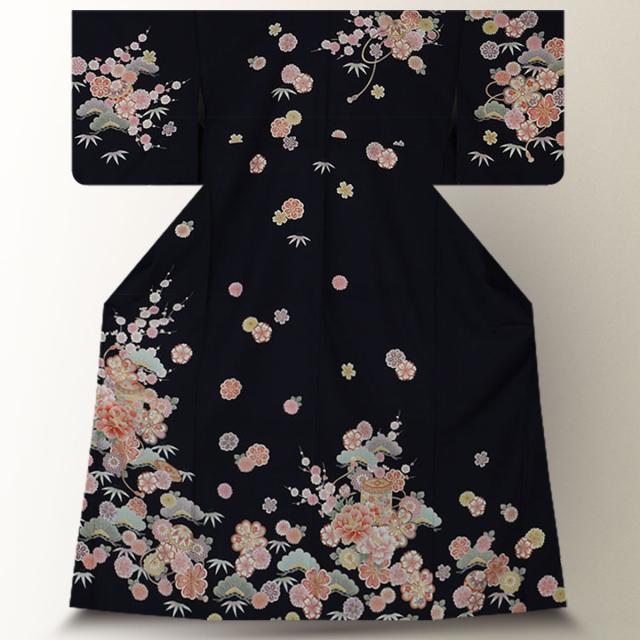 訪問着 レンタル 着物 貸衣装 フルセット 黒 牡丹 松竹梅 貝桶No.0161