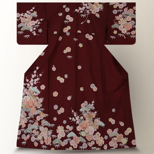 訪問着 レンタル 着物 貸衣装 フルセット 赤紫 えんじ 牡丹 松竹梅 貝