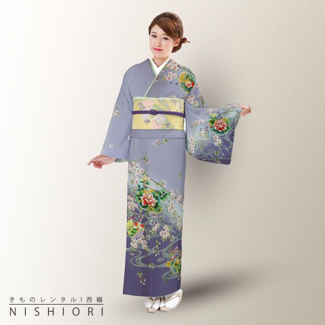 訪問着 レンタル 着物 貸衣装 フルセット 灰色 グレー 桜 牡丹No.0173の通販は