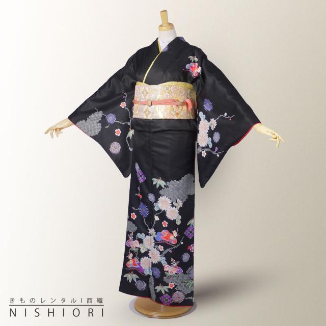 訪問着 レンタル 着物 貸衣装 フルセット 黒 松竹梅 菊No.0177