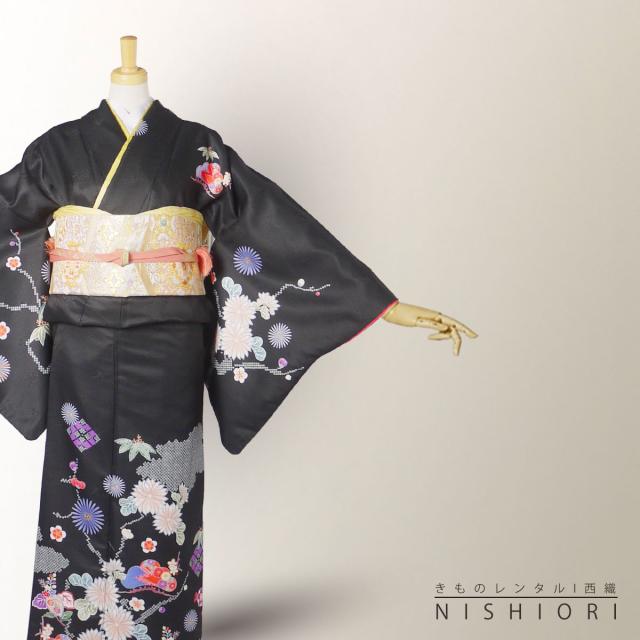 訪問着 レンタル 着物 貸衣装 フルセット 黒 松竹梅 菊No.0177の通販は