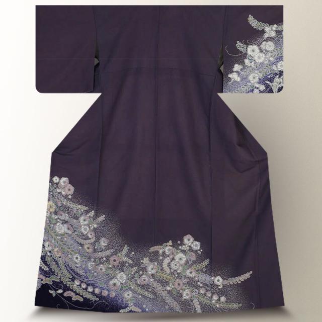 訪問着 レンタル 着物 貸衣装 フルセット 紫 辻が花風 萩 松No.0183の