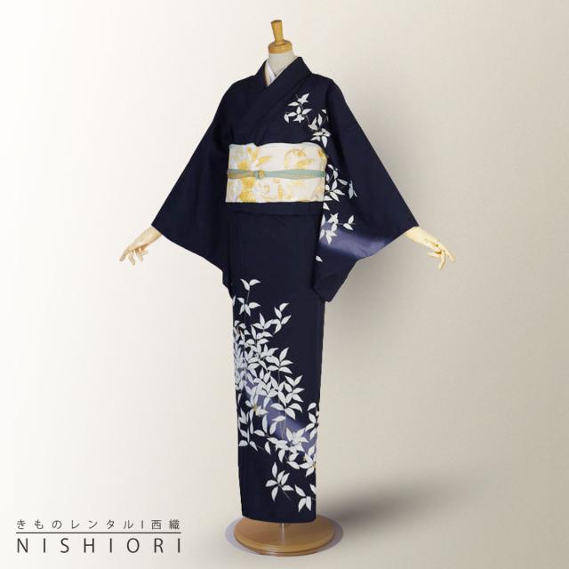 訪問着 レンタル 着物 貸衣装 フルセット ネイビー 濃紺 白南天No.0184 訪問着 レンタル 着物 貸衣装 フルセット ネイビー 濃紺 白南天No.0184