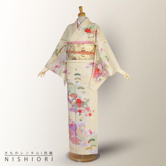 訪問着 レンタル 着物 貸衣装 フルセット 黄色 松竹梅 牡丹 吉兆文様No.0189