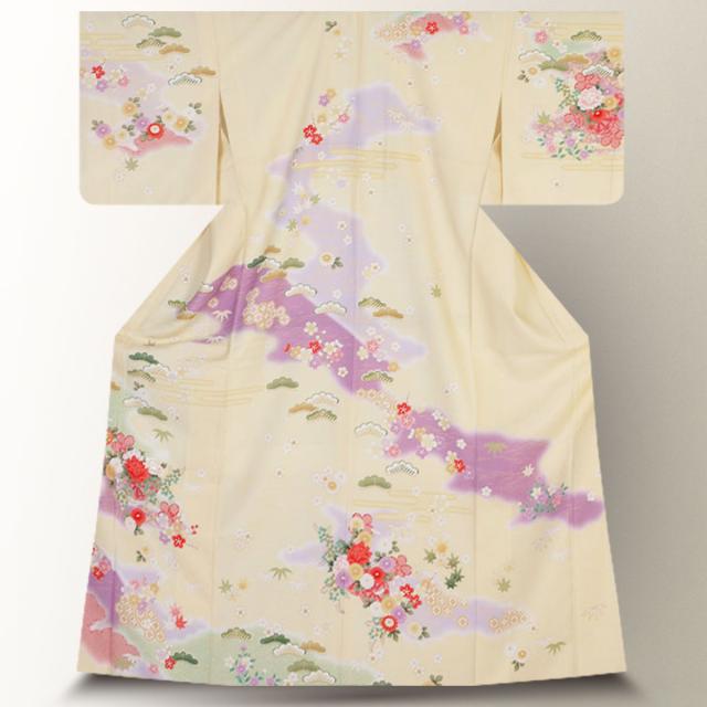 訪問着 レンタル 着物 貸衣装 フルセット 黄色 松竹梅 牡丹 吉兆文様No