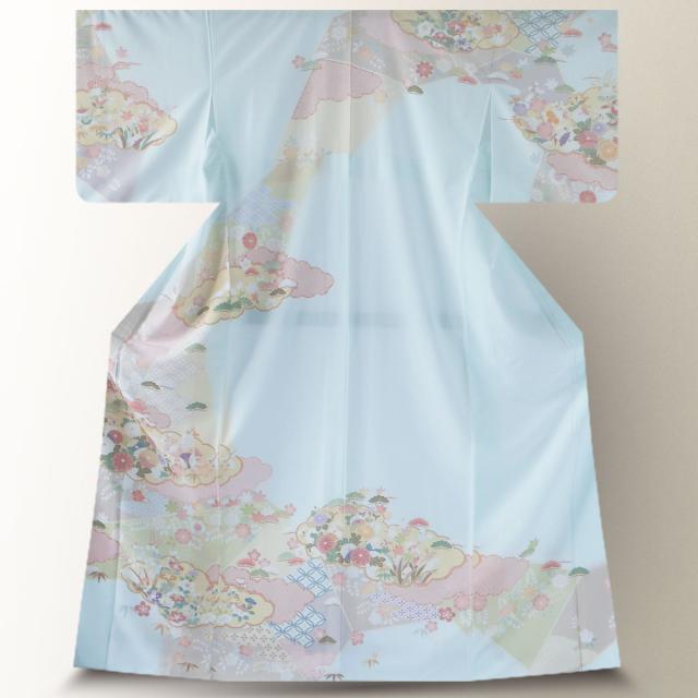 訪問着 レンタル 着物 貸衣装 フルセット 水色 松竹梅No.0192