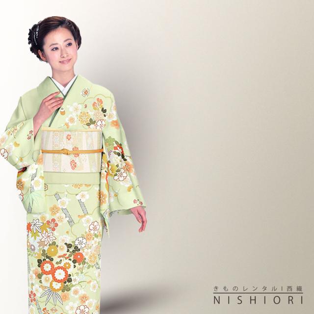 訪問着 レンタル 着物 貸衣装 フルセット 緑 薄黄緑 牡丹 松竹梅No.0193 訪問着 レンタル 着物 貸衣装 フルセット 緑 薄黄緑 牡丹 松竹梅No.0193