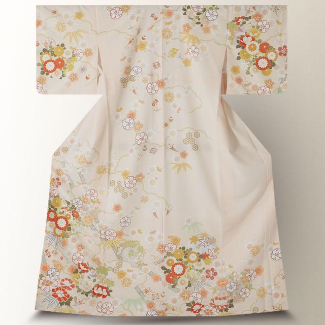訪問着 レンタル 着物 貸衣装 フルセット 薄橙 ピンク 牡丹 松竹梅No