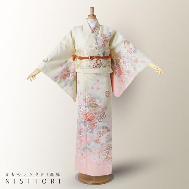 訪問着 レンタル 着物 貸衣装 フルセット クリーム 牡丹No.0197