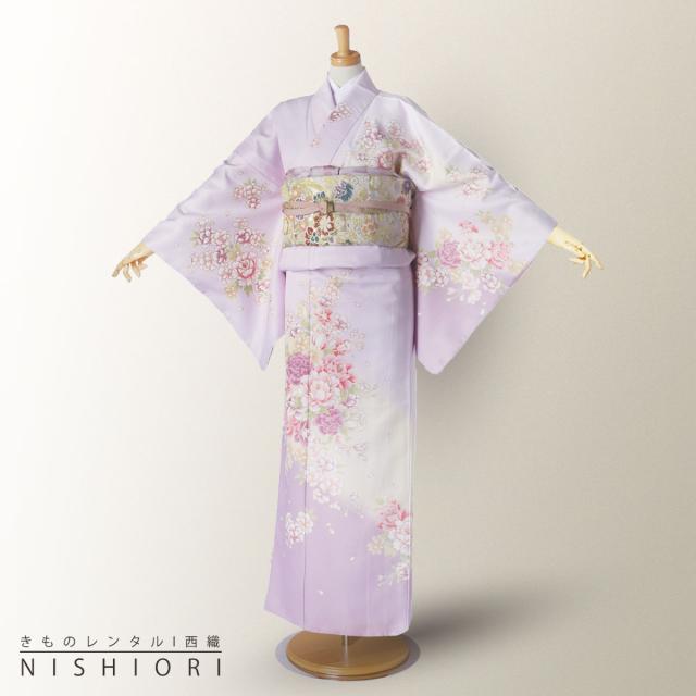 訪問着 レンタル 着物 貸衣装 フルセット 紫 牡丹No.0199