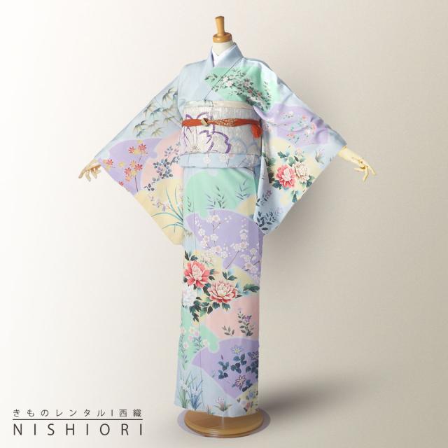訪問着 レンタル 着物 貸衣装 フルセット 水色 季節の花No.0204