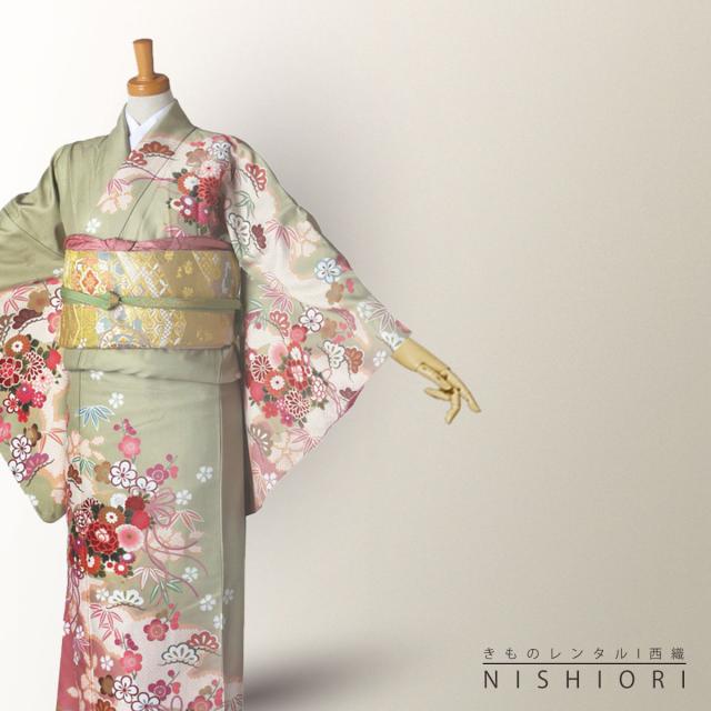 訪問着 レンタル 着物 貸衣装 フルセット 緑 グリーン 抹茶 松竹梅No.0213