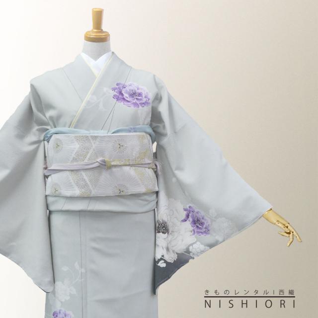 訪問着 レンタル 着物 貸衣装 フルセット JAPAN STYLE ブランド グレー 緑灰 上品 芍薬更紗 No.0236 訪問着 レンタル 着物 貸衣装 フルセット JAPAN STYLE ブランド グレー