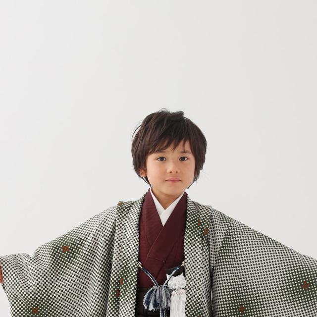 レンタル LILI 七五三 五歳 男児 着物 カンタン着付け アンサンブル セット フルセット 貸衣装 5歳 五歳 貸衣装 子供 男児 セット お正月 卒業式 市松 緑 赤_1