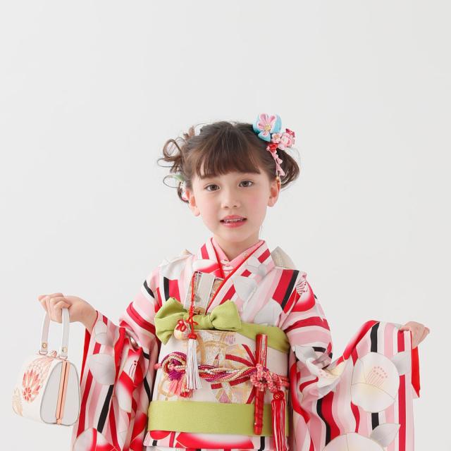 レンタル KAGURA ブランド 七五三 四つ身 着物 フルセット 貸衣装 7歳 貸衣装 七歳 古典 椿 ピンク 赤_1