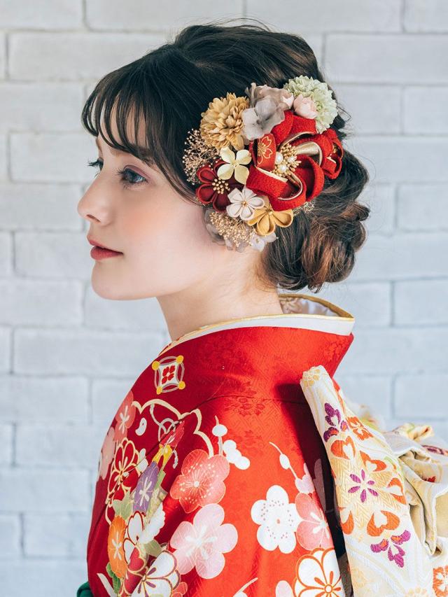 髪飾り 卒業袴 振袖に モダン エレガント つまみ細工 くすみカラー 花かざり 3点セット プリザーブドフラワー 日本製_1