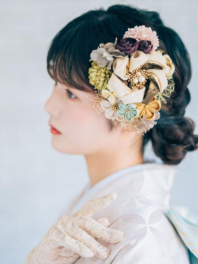 髪飾り 卒業袴 振袖に モダン エレガント つまみ細工 くすみカラー 花かざり 3点セット プリザーブドフラワー 日本製_2