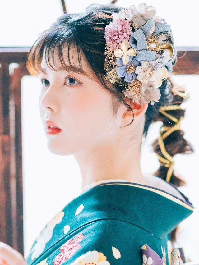 髪飾り 卒業袴 振袖に モダン エレガント つまみ細工 くすみカラー 花かざり 3点セット プリザーブドフラワー 日本製_4