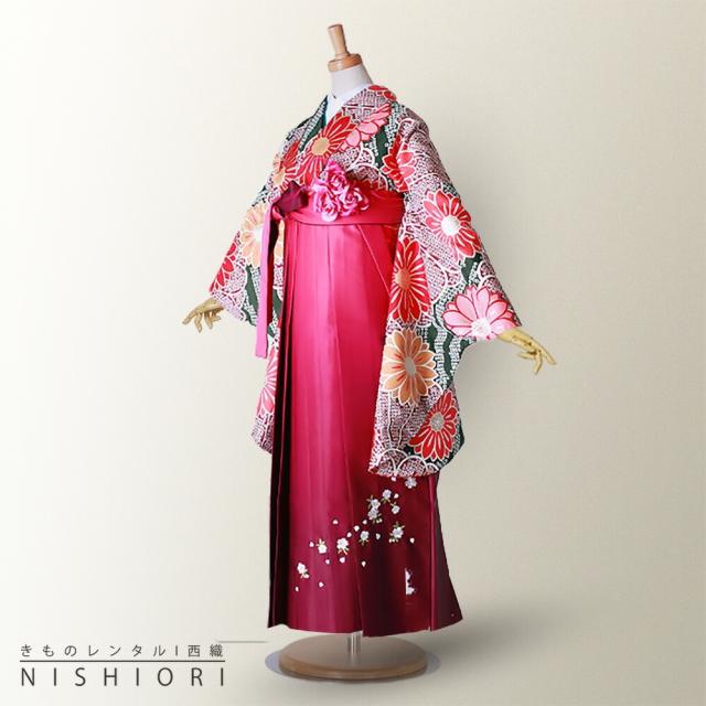 二尺袖 着物 袴フルセット ハイクラス 【貸衣装 卒業式 大学生】 【ジュニア袴(小学生)対応可】 【古典 鹿の子 緑 ワイン 刺繍 ボカシ】