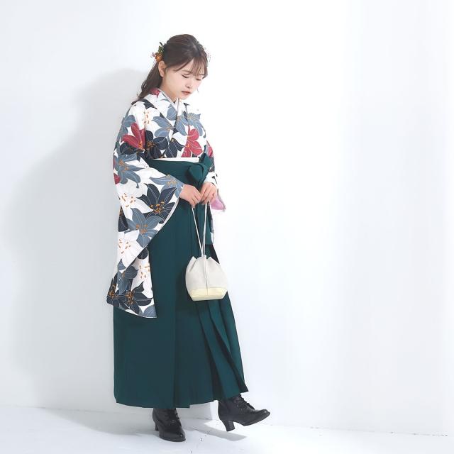 袴 4点セット 卒業式 はかま レディース モダン 4サイズ S M L LL 緑 白 百合 ゆり グリーン 無地 女性 大学生 ジュニア 小学生 女の子 袴 セット着物セット 成人式 謝恩会 購入 販売 幾何学文様 送料無料_2