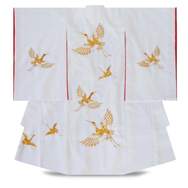 女児 産着 レンタル お宮参り 着物 帽子 よだれかけ セット【女の子 貸衣装 和服 祝い着 初着 産着 往復送料無料】手刺繍 白地 金糸 鶴 古典柄