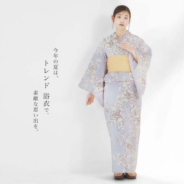 レディース 浴衣 3点セット (ゆかた/帯/下駄) 綿100%【ラベンダーパープル バラ 帯-クリーﾑ】上品 きれいめ 大人の浴衣 セット 20代 30代 40代 華やか フェミニン コットン生地 コーディネート済み 兵児帯 しわふわの通販は