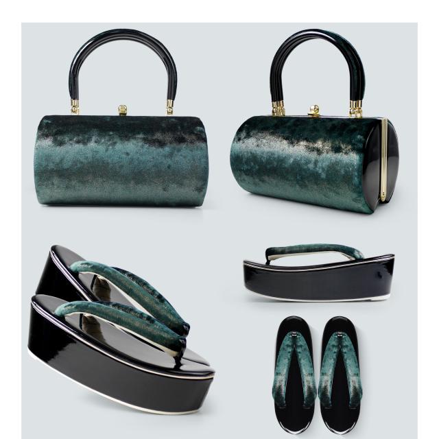 美しい光沢 ベロア生地 振袖向き 草履バッグ 2点セット 選べる2色 グリーン ブラウン 7.5cm ハイヒール フリーサイズ 草履 和装 着物 和装バッグ 痛くない鼻緒 華やか 振袖 訪問着