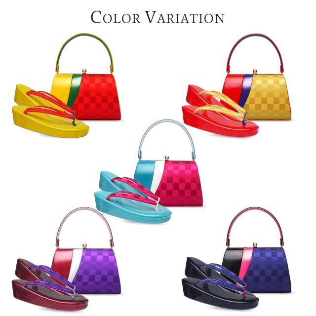 草履バッグセット 振袖用 草履 レディース サテン×エナメル 24.5cm フリーサイズ オリジナル商品【成人式 結婚式 前撮り】【黒 赤 オレンジ ブルー 水色 黄色 イエロー】 日本製 二枚芯 京都老舗メーカー