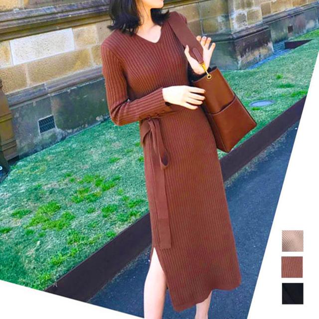LAZA ニット ワンピース 秋冬 カジュアル ストレッチ ロングワンピース 通勤 オフィス