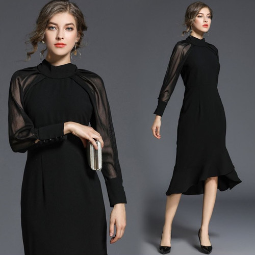 LAZA  【ブラック/Mサイズ】ワンピース ひざ下丈 ドレス シフォン 長袖 ボリューム袖 黒 無地 マーメイド フィッシュテール フォーマルの通販は 5,520円