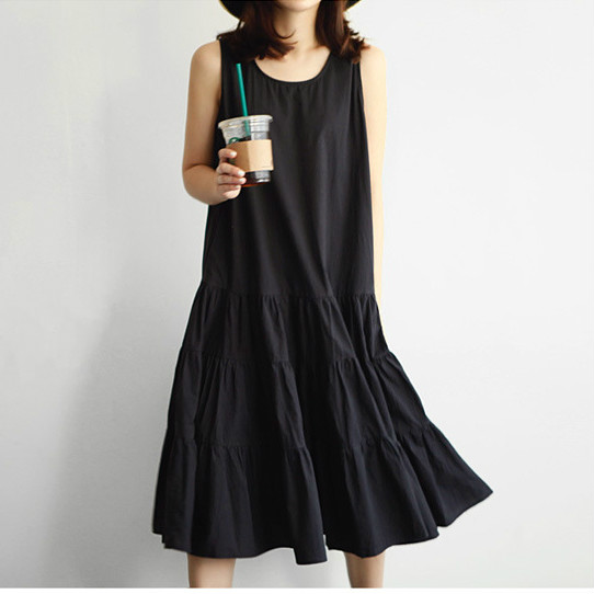 Laza ブラック ノースリーブ ティアード ワンピース リネン ミモレ丈 ストレートスカート ラウンドネック 無地 ａライン フレア 春夏の通販はau Pay マーケット Tripstore
