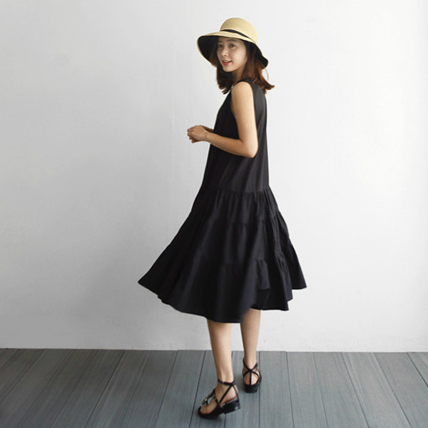 Laza ブラック ノースリーブ ティアード ワンピース リネン ミモレ丈 ストレートスカート ラウンドネック 無地 ａライン フレア 春夏の通販はau Pay マーケット Tripstore