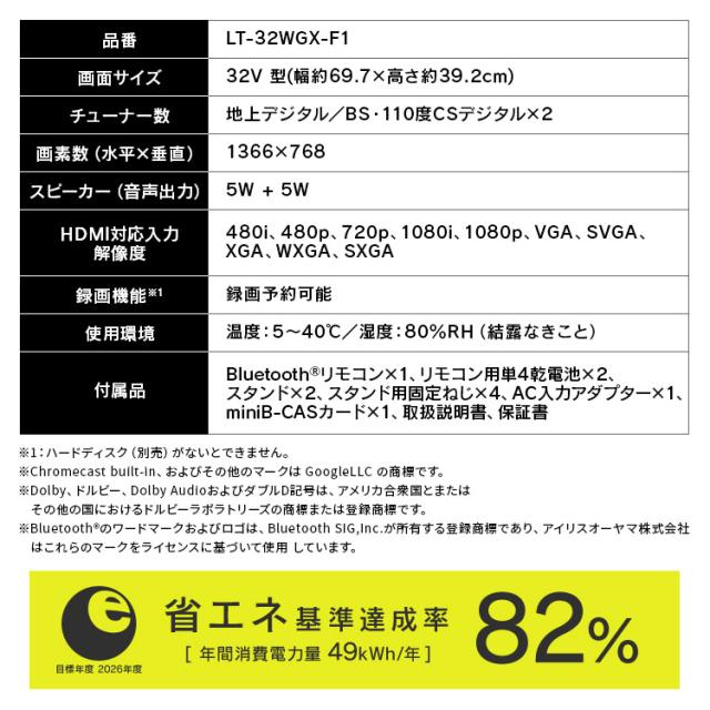 テレビ 32v 型 液晶テレビ 本体 新品 スマートテレビ ネット対応 GoogleTV チューナー内蔵 HD ハイビジョン Wチューナー 裏番組録画 音声検索 セカンドテレビ 2台目 tv 一人暮らし 32 LT-32WGX-F1 アイリスオーヤマ *_11