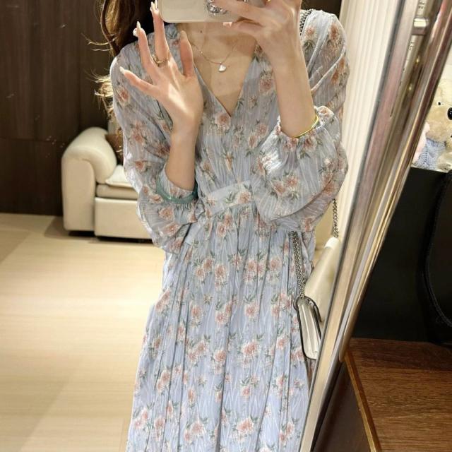 衣装 ロング 体型取りまかなう ゆったり 花柄 Vのど頚 パフ衣手 長袖 二の腕取りまかなう 好いたらしいめ たまり場