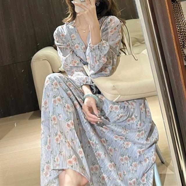 衣装 ロング 体型取りまかなう ゆったり 花柄 Vのど頚 パフ衣手 長袖 二の腕取りまかなう 好いたらしいめ たまり場