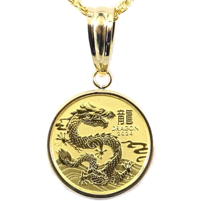 純金K24辰年（竜・龍）ドラゴン コインジュエリーネックレス 2024年 枠18金 DRAGON 1/20oz 9999Au 2024年 裏面エリザベスELIZABETH2 AUSTRALIAコイン 【ギフトラッピング済み】【送料無料】の通販は 50,880円