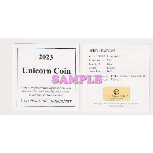ユニコーン 純金K24金コイン金貨 1/20オンス（10$）裏面
