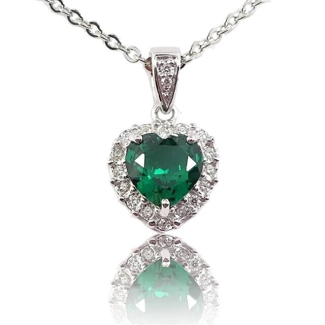 エメラルドネックレスペンダント 再結晶ルース ハート形CZ取巻き【誕生石５月】 【ギフトラッピング済み】 の通販は 6,783円