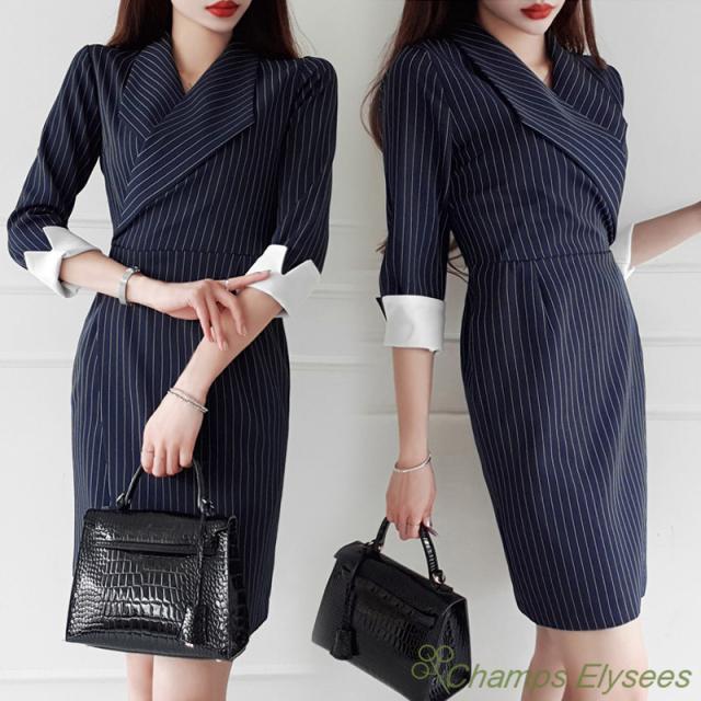 ワンピースレディース タイトワンピース 折り襟 膝丈 ストライプ スーツタイトワンピ オフィス 着痩せ 上品 代30代 通勤 入社 卒業式の通販はau Pay マーケット Champs Elysees