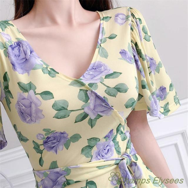 ロング丈ワンピースレディース マキシスリット花柄ｖネックワンピース 半袖 韓国風 通勤 着痩せ きれいめ 上品 代30代 披露宴 七三五 Xの通販はau Pay マーケット Champs Elysees