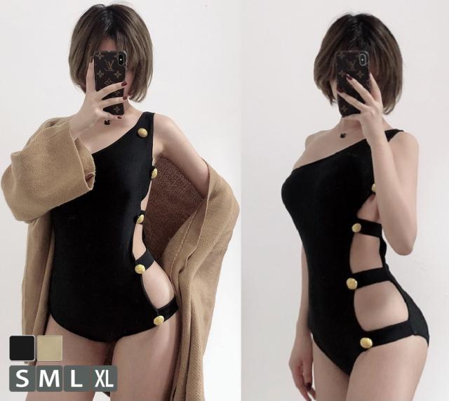 水着 ワンピース セクシー 水着 レディース ワンピース セクシー ワンショルダー 無地 ブラック ベージュ 体型カバー パッド付きの通販はau Pay マーケット Keysfashion