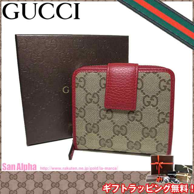 グッチ アウトレット GUCCI 財布 346056 レザー GG柄キャンバス 両開き財布 ベージュ系×レッド系