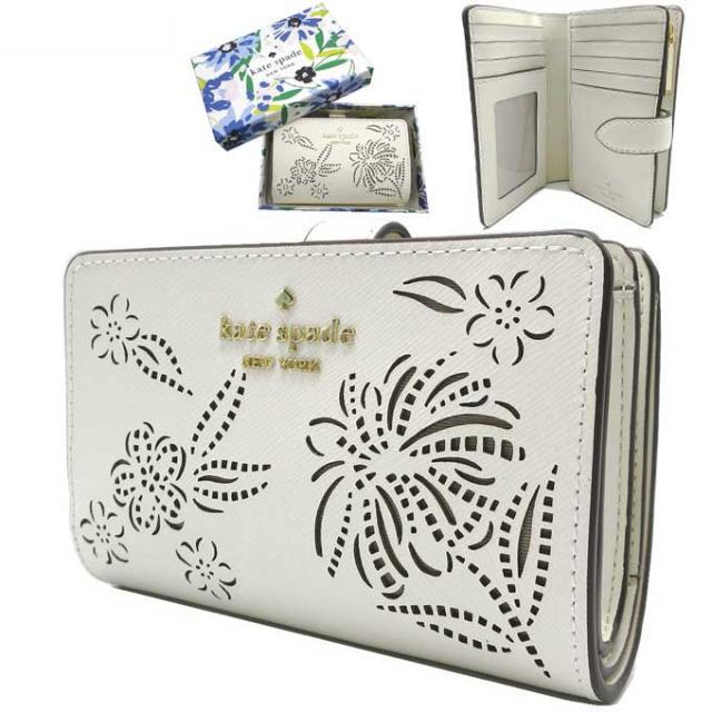 【ギフトBOX付き】 ケイトスペード ニューヨーク 財布 二つ折り財布 kate spade NEW YORK マディソン レザー フェスティバル フローラル パーフ ミディアム コンパクト ウォレット パスケース付き KK960 100 (メレンゲ) アウトレット レディース