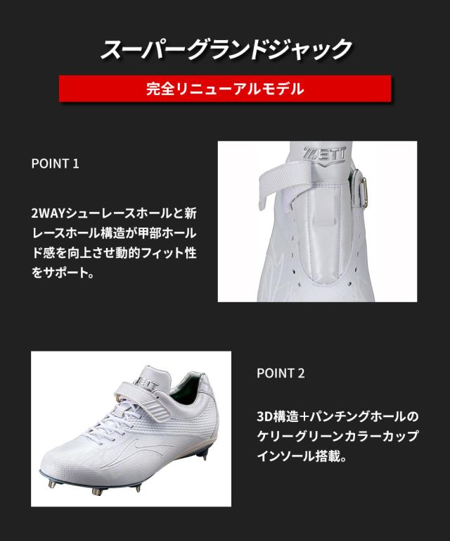 ゼット 野球スパイク 白 ジュニア マジックテープ 幅広 金具 埋込み ジュニア メンズ 硬式 スパイク 紐 ベルト式 3e ワイド 軽量 ホワイト レディース 社会人 大人 高校生 中学生 トレーニング スポーツ ZETT ベースボール スーパーグランドジャックWH BSR2719WH