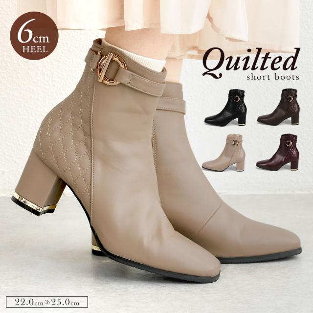 ブーツ レディース 歩きやすい キルティング 飾りベルト サイドジップ ファスナー スクエアトゥ 靴 シューズ チャンキーヒール 6cm 太ヒール 歩きやすい 疲れない 痛くない ミドルヒール 防寒 黒 ブラック ワイン オーク ベージュ 6093の通販は