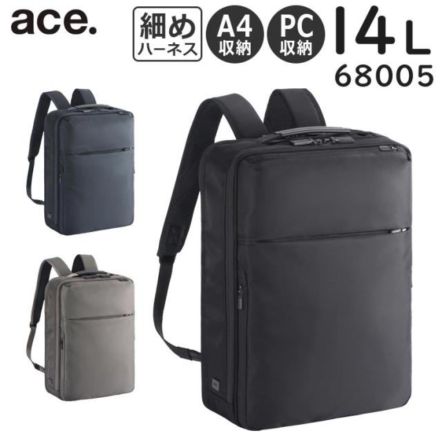 ace. ガジェタブルR 薄型リュック (14L) 細めハーネス／滑り止め付き リサイクル素材 A4収納 14インチPC対応 エースジーン 68005